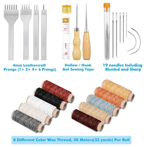 All-In-One 35-Piece Leather Sewing Kit With Hole Punch Prongs, Waxed Thread, Large-Eye Needles, Awl, Thimble, Tape Measure And Leather Punch Tools For Beginner DIY Leather Craft Projects showing prongs, awl, thimble, tape, needles, and threads.