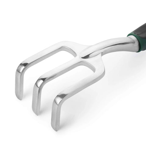 Close-up of Mr. Pen mini hand rake with metal 3-prong head and green-handled grip