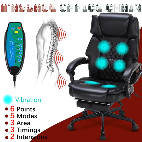Heavy Duty Massage Office Chair With Foot Rest And Heat 6 Point Vibration With Five Modes For Back Lumbar And Seat Reclining Ergonomic