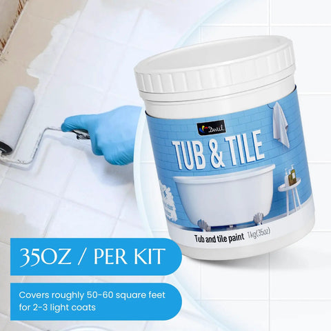 Tub And Tile Refinishing Kit With Quick Dry Tile Paint For Walls And Floors Water Based Semi Gloss White Finish For Bathrooms And Kitchens Ideal For Sinks Bathtubs And Toilets 50 To 55 Sq Ft Coverage 33 Oz packaging and application on floor tiles