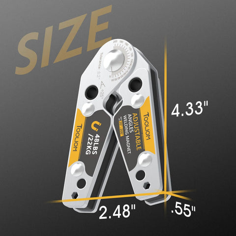 Front view of TOOLiOM adjustable welding magnets; two silver arms with yellow labels, 48 lb pull, 20°–200° angle range