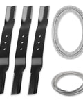 Lawn Mower Blade Set For 60 Inch Finish Cut Mowers Replacement 9037 Blades With Twenty Point Five Inch Length And 5058 V Belt Plus 6046 Mower Belt 122 Inch And 47 Inch Belts Compatible With Swisher FC Series, showing three black blades and two grey belts.