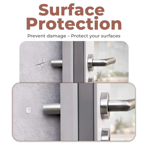 Surface protection image showing a clear self-adhesive bumpers preventing damage on doors and walls.