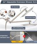 Brushed Nickel Rain Shower Head With Handheld Shower Head, 10 Inch High Pressure Combo, adjustable extension arm details