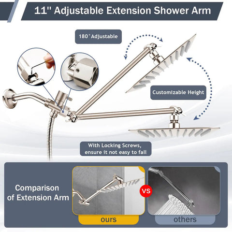 Brushed Nickel Rain Shower Head With Handheld Shower Head, 10 Inch High Pressure Combo, adjustable extension arm details