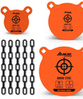 AR500 Steel Gong Target Set With Chains 3/8 Inch Thick, neon orange 4, 6, 8 inch targets with laser cut edges, outdoor use