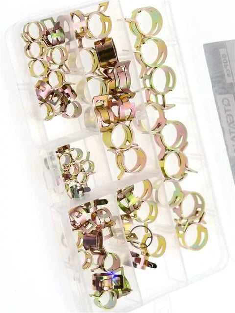 Heavy Duty 60 Pack Spring Clamp Assortment Kit For Fuel Lines And Vacuum Hose Silicone Clips Fasteners In 6 To 15 mm Sizes Perfect For Gears And Auto Repair Projects, assorted metal clamps in organizer