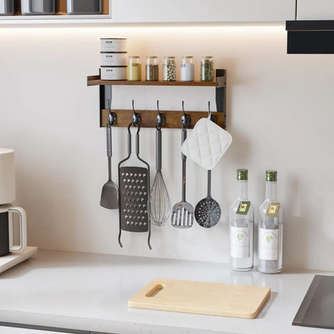Top Tier Wall Mounted Wood Coat Rack With Five Heavy Duty Metal Hooks And Rustic Brown Shelf For Bedroom Bathroom Entryway No Sweat Setup Ultimate Daily Storage Solution Super Durable with kitchen tools and spices.