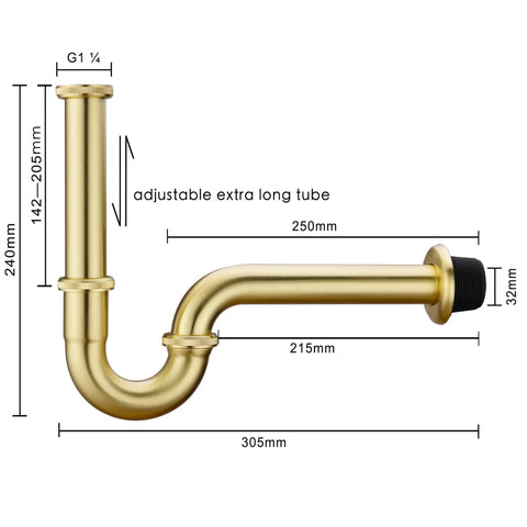 Brass P Trap Kit For Bathroom Sink One Quarter Inch Waste Drain With Flange And Slip Joint Extension Tube Adjustable Height