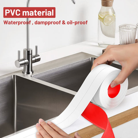 Applying Caulk Tape Self Adhesive Sealant Strip Waterproof 1.5 Inch By 10.5 Foot to kitchen sink edges.