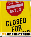 Two Pack Double Sided Closed For Cleaning Floor Signs Bright Yellow Folding Warning Plaques with clear print, highlighting 'Closed For Cleaning'.