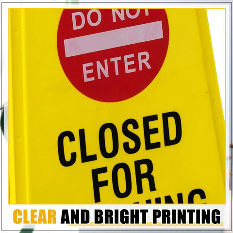 Two Pack Double Sided Closed For Cleaning Floor Signs Bright Yellow Folding Warning Plaques with clear print, highlighting 'Closed For Cleaning'.