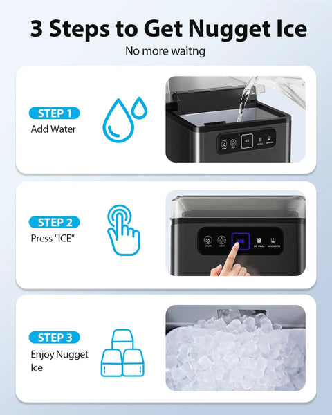 Infographic showing steps to use Beast Of A Countertop Nugget Ice Maker That Pumps Out Soft Chewable Ice Up To 40 Lbs A Day In Just 5 Minutes One Click Operation Auto Self Cleaning Stainless With Scoop Black Finish For Home Kitchen And Office.