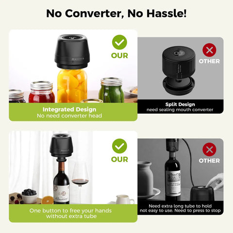 Upgraded 3-In-1 Electric Mason Jar Vacuum Sealer With Built In Converter For Regular And Wide Mouth Jars, Vacuum Bags, Containers, And Wine Bottles Efficient Kitchen Freshness Preservation Tool Black in action sealing jars and wine bottles.