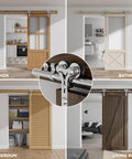 9 Foot Stainless Steel Sliding Door Hardware Kit installed on various wooden barn doors in kitchen, bathroom, storeroom, and living room