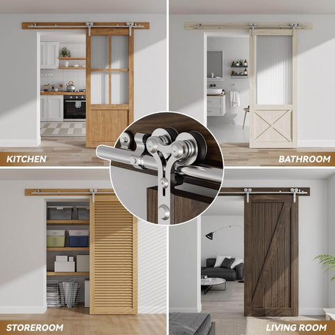 9 Foot Stainless Steel Sliding Door Hardware Kit installed on various wooden barn doors in kitchen, bathroom, storeroom, and living room