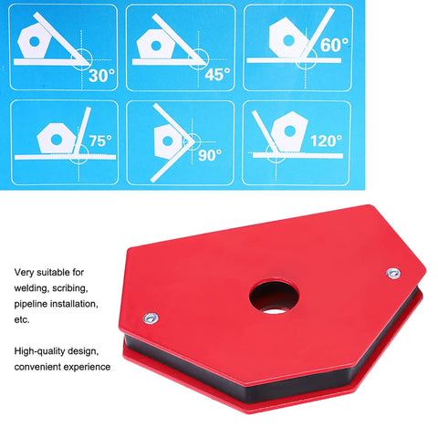 Heavy Duty Magnetic Welding Magnet Right Angle Holder With 25 Lbs Strong Holding Power For Precise Soldering and metal positioning tasks on workshop tables, showing adjustable angles.