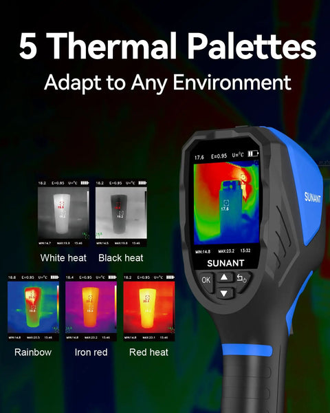 Handheld Workhorse Thermal Imaging Camera With 240X240 IR Resolution, 25Hz Refresh Rate, showing thermal palette options.