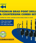 Brad Point Drill And Countersink Combo Set, 4 Piece Woodworking Kit One Eighth To One Quarter Inch With 90 Degree HSS Countersinks, Includes Two Hex Keys, Made In Austria packaging