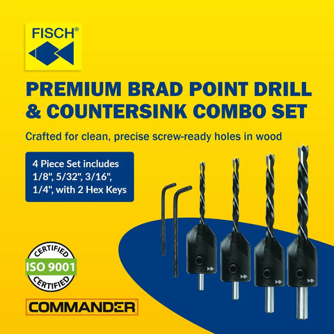 Brad Point Drill And Countersink Combo Set, 4 Piece Woodworking Kit One Eighth To One Quarter Inch With 90 Degree HSS Countersinks, Includes Two Hex Keys, Made In Austria packaging