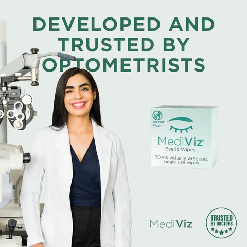 MediViz Eyelid Wipes box; 30 individually wrapped single-use wipes, shown with eye-exam equipment and clinician.