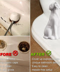 Before and after installation of Two Pack Dog Themed White Ceramic Toilet Bolt Caps Easy Install Screw Covers For Bathroom Decor.