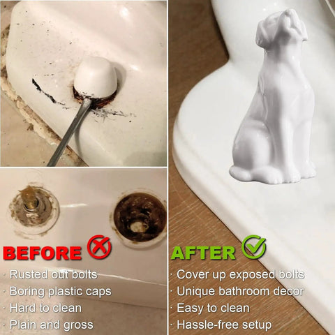 Before and after installation of Two Pack Dog Themed White Ceramic Toilet Bolt Caps Easy Install Screw Covers For Bathroom Decor.