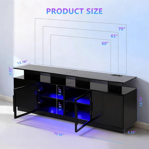 Open 70 Inch Black TV Stand With Ambient LED Lights For Living Room showing glass door storage and dimensions.