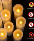 Flameless Battery Operated Real Wax Pillar Candles With 10 Key Remote And 24 Hour Cycling Timer In Ivory Size, Safety Icons
