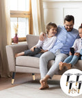 Family on sofa with Modern Black Iron Furniture Legs Set Of 4 for DIY Projects; inset shows black metal legs with screws.