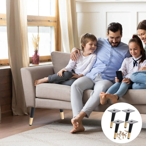 Family on sofa with Modern Black Iron Furniture Legs Set Of 4 for DIY Projects; inset shows black metal legs with screws.