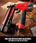 18 Gauge Brad Nailer Pneumatic Nail Gun With Oil-Free Motor, Pro Grade Performance, wood background, tool-free adjustment