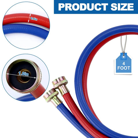 Heavy Duty 4Ft Washer Hoses Dual Color Burst Proof Water Supply Lines 3 Quarter Inch Fittings For Hot And Cold Laundry Washers 2 Pack With Leakproof Washers And Easy Install, 4 ft red and blue hoses