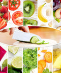 Close-up of a white plastic kids' kitchen knife with a serrated edge slicing cucumber.