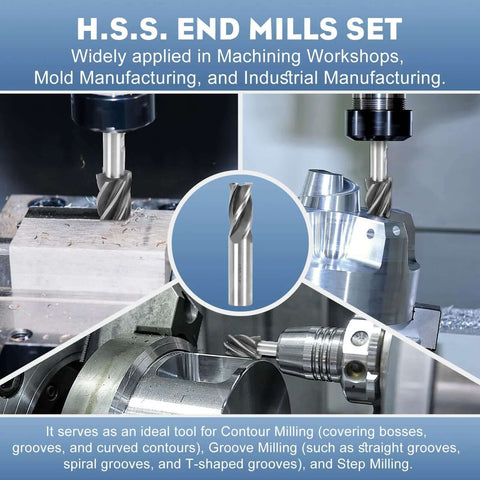6-piece H.S.S end mill set, 3/4–1 in diameter with 3/4 in Weldon shank; collage showing milling operations.