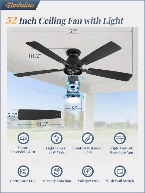 Smart Flush Mount 52 Inch Ceiling Fan With Lights Remote App Wall Switch Control shown with dimensions and features.