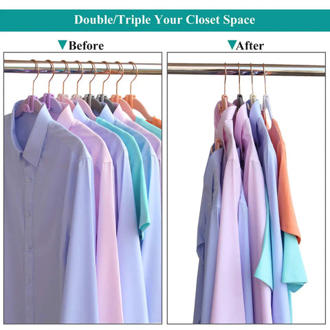 Before and after using 60 Pack Mini Cascading Hanger Hooks For Velvet Huggable Hangers, closet space doubled with shirts