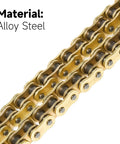 Gold 525 X Ring Motorcycle Chain With 110 Links Including Master Link And Chain Breaker Set, close-up on alloy steel chain