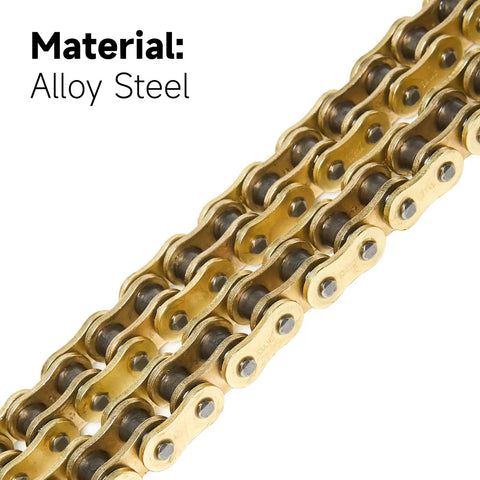 Gold 525 X Ring Motorcycle Chain With 110 Links Including Master Link And Chain Breaker Set, close-up on alloy steel chain