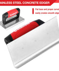 Pro Grade Stainless Steel Concrete Edger with red handle, flat base for smooth concrete finishing and precise edges.