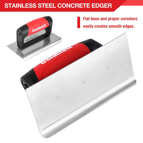 Pro Grade Stainless Steel Concrete Edger with red handle, flat base for smooth concrete finishing and precise edges.