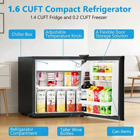 Slick 1.6 Cubic Foot Compact Mini Fridge With Freezer And Small Upright Kitchen Unit For Bedroom Dorm Or Office featuring adjustable storage.