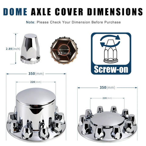 Heavy Duty Semi Truck Hub Covers Set 2 Front 4 Rear With 33mm Chrome ThreadOn Lug Nut Covers and Installation Tool Included ABS Rust Resistant Wheel Caps for a Rugged Truckin Look dimensions diagram