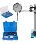 NACHEE dial indicator with magnetic base on a stand; silver dial, long arm, 0-1.0 inch range, blue kit cases.