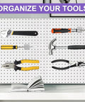 Front view of pegboard tool organizer with assorted hand tools mounted (wrench, screwdriver, knife, pliers, hammer).