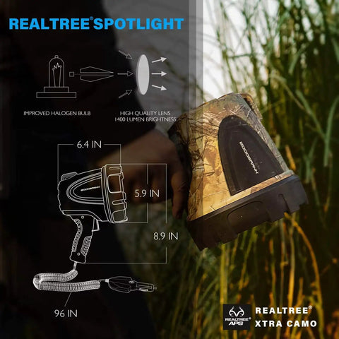 Diagram of RealTree Xtra Camouflage 12 Volt 1500 Lumen Spotlight For Hunting And Boating With 676 Yard Beam Distance details.