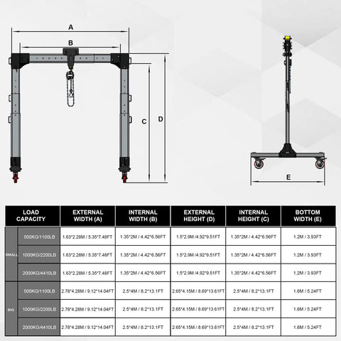 No Sweat Heavy Duty Portable Aluminum Gantry Crane Shop Floor Ready with adjustable beam height and detailed dimensions.