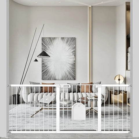 Living room with extra wide baby gate with cat door walk through small pet door safety gate for stairway and kitchen