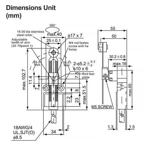 Diagram of Adjustable Roller Plunger Limit Switch With 1NO 1NC SPDT, Rugged IP67 Waterproof Industrial Travel Switch.
