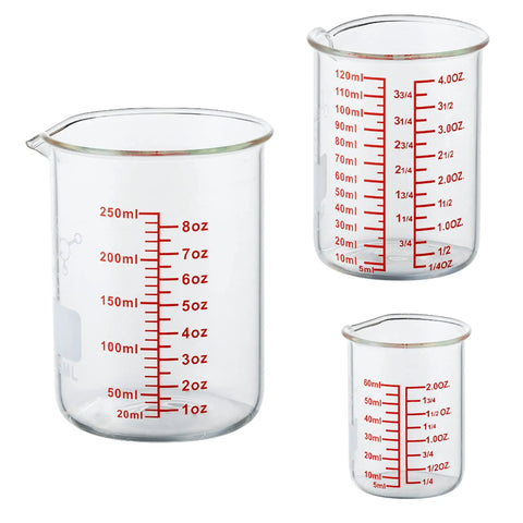 Mini Glass Measuring Beaker Set In Borosilicate 2oz 4oz 8oz Cups For Kitchen And Bar Pro Grade Clear Markings Durable Small Glass Measuring Cups For Cocktails Baking Cooking And Lab Style Precise Measuring, three cups